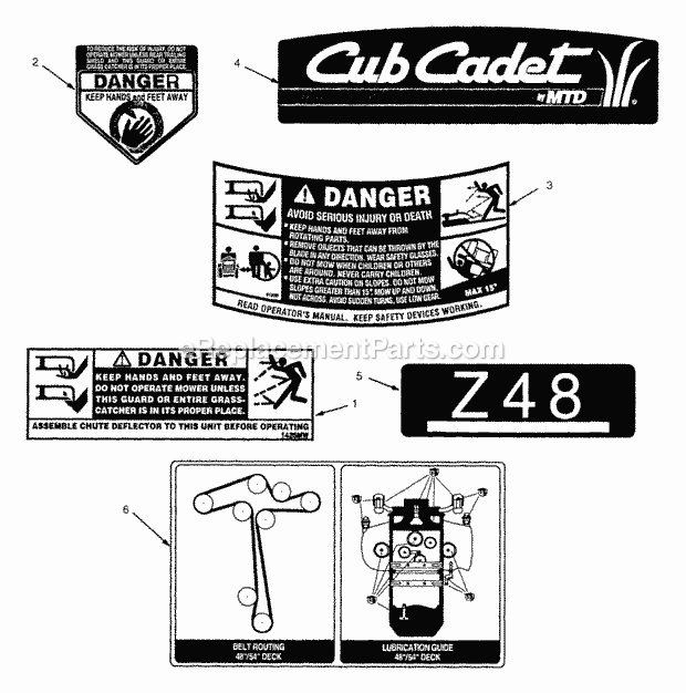 Graphics Diagram and Parts List for Z48 53AC355M100 Cub Cadet Lawn Mower